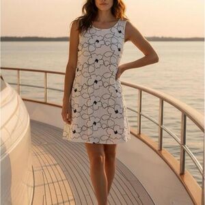 Vasna Linen White & Blue Floral Embroidered Dress Resort Vacation Cruise Size L